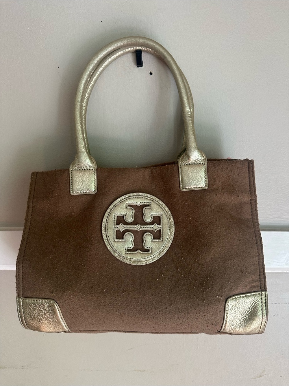 TORY BURCH Ella Brown Wool & Gold Canvas Tote Bag